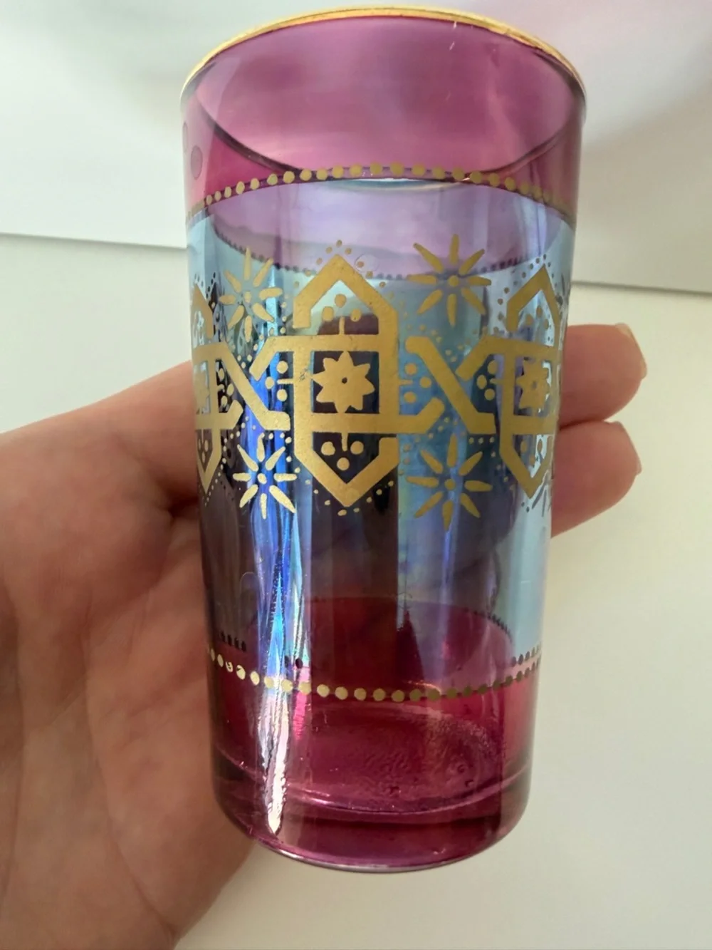 Vintage Moroccan Hand Painted Tea Glass Small Shot Glass Gold Pink Blue